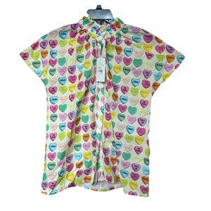Layerz Blouse Top Women’s Med Short Sleeve Button Up Valentine Candy NWT